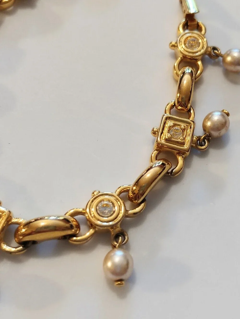 Vintage Joan Rivers Goldtone Faux Pearl and Rhinestone Link Bracelet